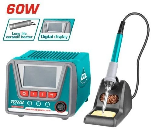 Total Tools TOTAL TOOLS 60W Digital Soldering Station (220-240V~50/60Hz) with 1-Minute Preheat Time, Straight Tip Head, Adjustable Thermostatic Temperature Control, Built-In Ceramic Heating Element, Stand, and Replaceable Long-Life Tip in Color Box Packaging -TET160923