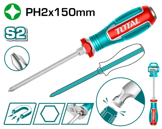 Total Tools TOTAL TOOLS Phillips Go-Through Screwdriver PH2 Magnetic Tip, S2 Steel Hex Shank, 6mm Shank Diameter x 150mm Blade Length, Strong Magnetic Tip, Plastic Hanger - TGTPH2150