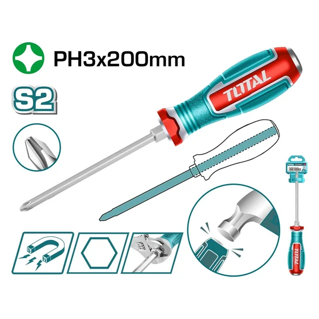 Total Tools TOTAL TOOLS Phillips Go-Through Screwdriver PH3, S2 Steel Hex Shank, 8.0mm Shank Diameter x 200mm Length, Heavy-Duty Magnetic Cross Head Screwdriver - TGTPH3200