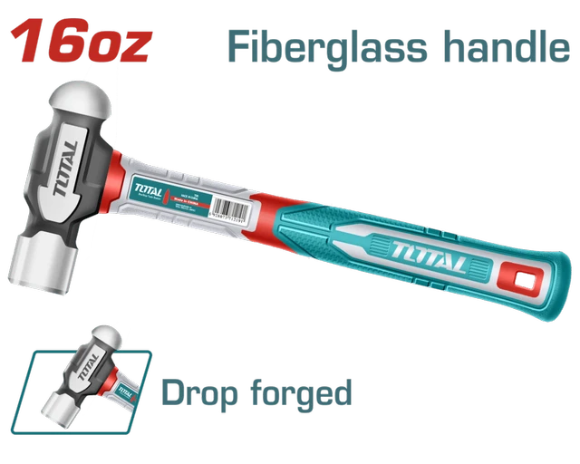Total Tools TOTAL TOOLS Ball Pein Hammer 16oz/450g, Drop-Forged Heat-Treated 45# Carbon Steel Head with Three-Color Fiberglass Handle -THBPH61016