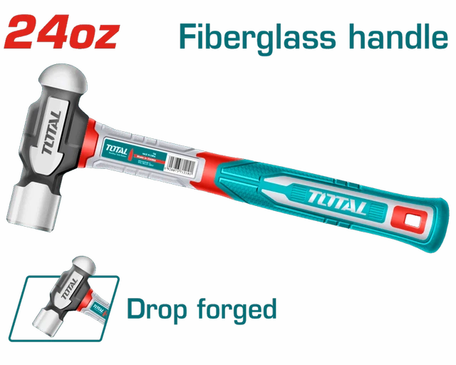 Total Tools TOTAL TOOLS 24oz / 660g Ball Pein Hammer with Drop-Forged 45# Carbon Steel Head and Three-Color Fiberglass Handle - THBPH61024
