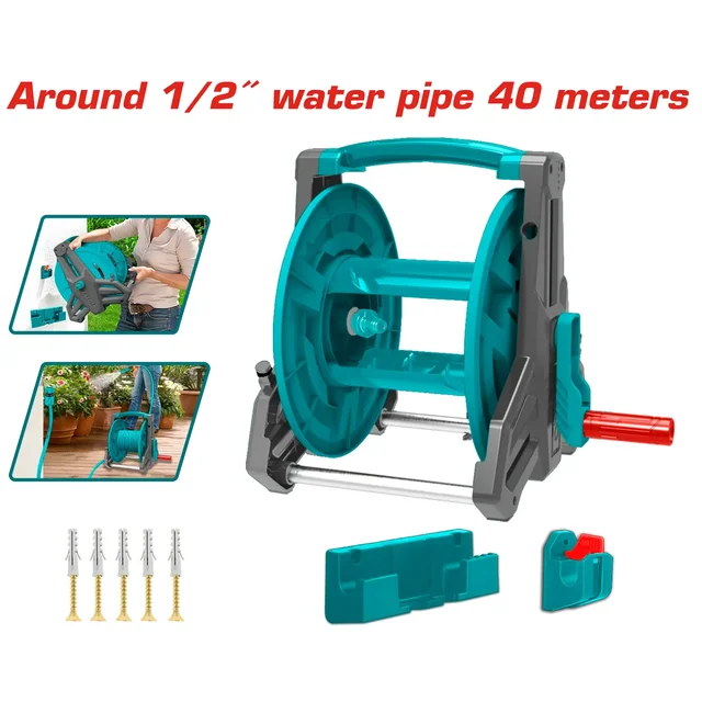 Total Tools TOTAL TOOLS Garden Hose Reel for 40m 1/2 Inch Water Hose with Foldable Handle and Wall-Mount Aluminum Bracket THHR40122
