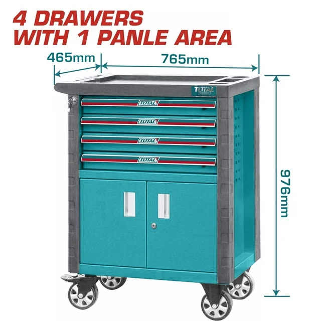 Total Tools TOTAL TOOLS 4-Drawer Roller Cabinet (765x465x976mm with 5"x2" Casters, Central Locking System, Anti-Shock Protection, Ball Bearing Drawers, 0.8-1.0mm Cabinet Thickness) with Pallet Packaging - THRC01041