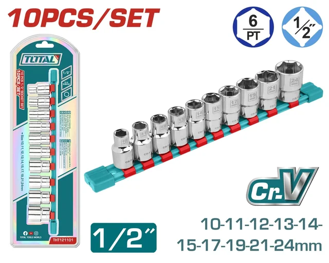 Total Tools TOTAL TOOLS 10-Piece 1/2" Socket Set (10-24mm) in High-Quality 50BV30 CrV Steel with Mirror Polish Finish and Storage Rail - THT121101
