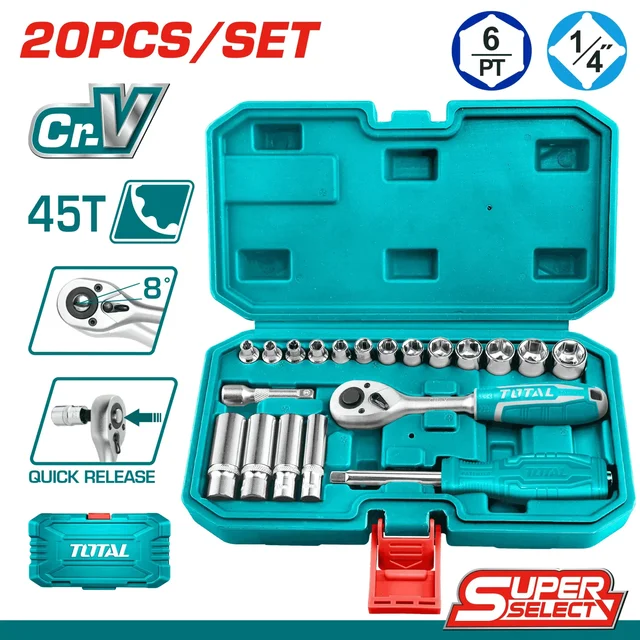 Total Tools TOTAL TOOLS 20-Piece 1/4" Socket Set (13 Sockets: 4-14mm, 4 Deep Sockets: 8-13mm, 45T Ratchet Handle, 2" Extension Bar, Screwdriver Handle) in Heat-Treated Cr-V 50BV30 Steel with BMC Storage Case - THT141201