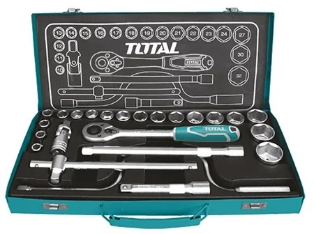 Total Tools TOTAL TOOLS 24-Piece 1/2" Socket Set (18 CR-V Dr. Sockets 10-32mm, 2 Extension Bars, Sliding T-Bar, Universal Joint, Speeder Handle, and Quick Ratchet Handle) in Metal Box Packaging - THT141253