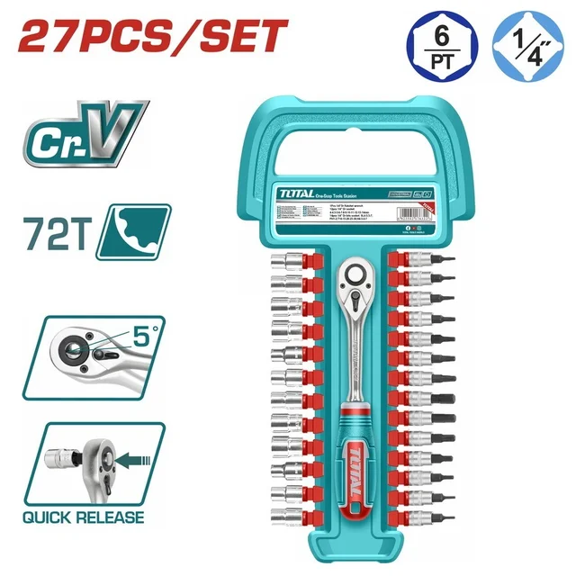 Total Tools TOTAL TOOLS 27-Piece 1/4" Socket Set (12 Sockets: 4-14mm, 14 Bit Sockets, 72T Quick Release Ratchet Handle) in Heat-Treated Cr-V 50BV30 and S2 Steel with Chrome-Plated Finish and Plastic Hanger - THT141271
