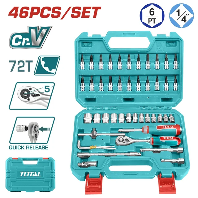 Total Tools TOTAL TOOLS 46-Piece 1/4" Socket Set (Ratchet Handle, 13 Sockets 4-14mm, Universal Joint, 2 Extension Bars, Spinner Handle, 22 Bit Sockets, Flexible Extension Bar, Sliding T-Bar, and 4 Hex Keys) Heat-Treated and Chrome-Plated in Plastic Box - THT141462