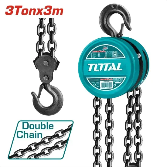 Total Tools TOTAL TOOLS 3-Ton Chain Block (3m Lift Height, 2 Load Chains, 300 mm Hook-to-Hook Distance, 404 N Pull Force, 21.5 kg Net Weight) in Wooden Case Packaging - THT1631