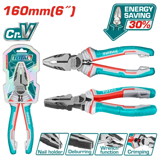 Total Tools TOTAL TOOLS High Leverage Combination Pliers 6"/160mm, Cr-V Steel, Black Finish & Polished Surface with TPR Three-Color Handle (30% Force Saving) -THT210606S