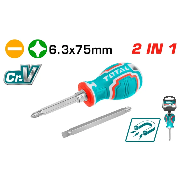 Total Tools TOTAL TOOLS 2-in-1 Screwdriver Set PH2 + SL6, 6.35 x 75mm CR-V Shank, Interchangeable Handle, Phillips & Slotted Screwdriver - THT250216