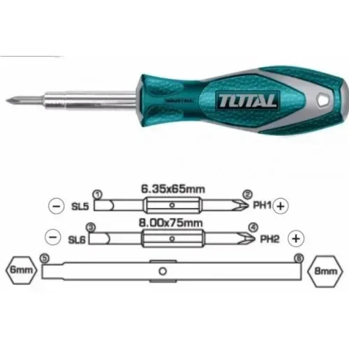 Total Tools TOTAL TOOLS 6-in-1 Screwdriver Set, CR-V Interchangeable Handle with 2 Two-Way Bits PH1+SL5 & PH2+SL6, 6mm & 8mm Sockets, Display Color Box - THT2506076