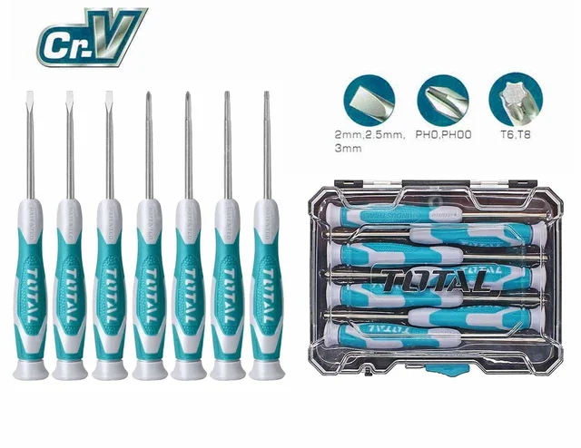 Total Tools TOTAL TOOLS 7Pcs Precision Screwdriver Set with Ergonomic Comfort-Grip Handle and Cr-V Steel Blades in Plastic Box - THT250726