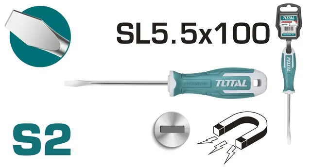 Total Tools TOTAL TOOLS Slotted Screwdriver 5.5mm, S2 Round Shank, 5.0mm Diameter x 100mm Length, 1 Pc with Plastic Hanger - THT265100