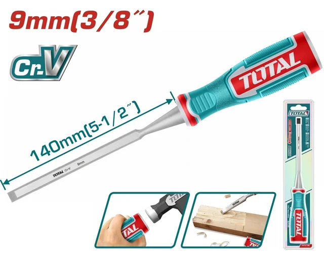 Total Tools TOTAL TOOLS Wood Chisel 9mm Width x 140mm Length, Cr-V Steel Blade, Professional Woodworking Hand Tool - THT4196