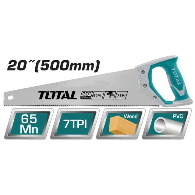Total Tools TOTAL TOOLS Hand Saw 20"/500mm, 7TPI, 0.9mm Thickness Blade with Heat Treatment & Teeth Protector - THT55206