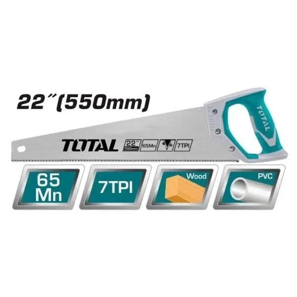 Total Tools TOTAL TOOLS Hand Saw 22"/550mm, 7TPI, 0.9mm Thickness Blade with Heat Treatment & Teeth Protector - THT55226