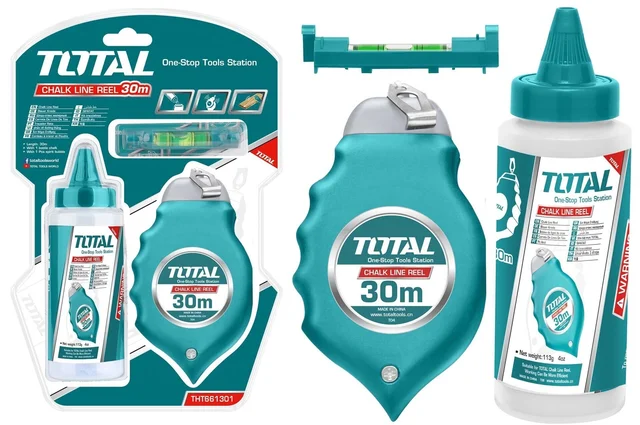 Total Tools TOTAL TOOLS Chalk Line Reel 30m Set with Chalk Bottle & Spirit Bubble Level - THT661301