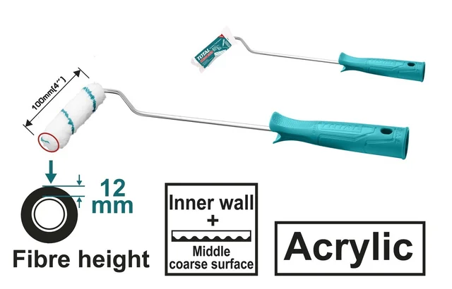 Total Tools TOTAL TOOLS Mini Roller Cylinder Brush 4 Inch (100mm), Acrylic Fibre, 12mm Fibre Height, 6mm Shank, Inner Wall Paint Roller with 1 Roller Cover - THT8541