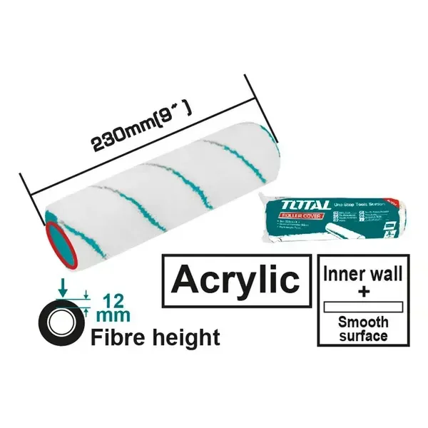 Total Tools TOTAL TOOLS Inner Wall Roller Cylinder Brush 9 Inch (230mm), Acrylic Fibre, 12mm Fibre Height, 6mm Central Shank, 1 Roller Cover with 4 Assistant Shanks - THT8592