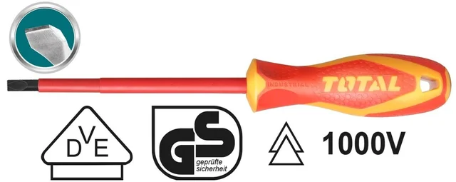 Total Tools TOTAL TOOLS VDE Insulated Slotted Screwdriver SL5.5 x 125mm, CR-V Round Shank, 1000V Insulated Handle, Certified Electrician Screwdriver - THTIS5125