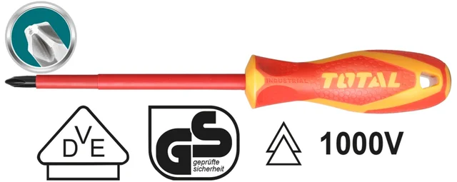 Total Tools TOTAL TOOLS VDE Insulated Phillips Screwdriver PH0 x 60mm, CR-V Round Shank, 1000V Insulated Handle, Certified Electrician Screwdriver - THTISPH060