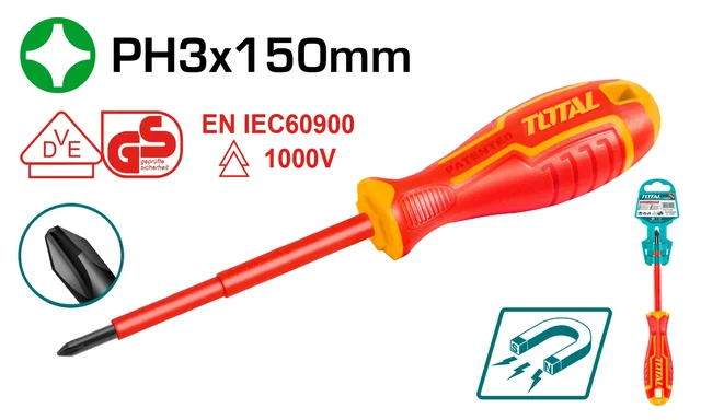 Total Tools TOTAL TOOLS VDE+GS Insulated Phillips Screwdriver PH3 x 150mm, Cr-V Round Shank, 1000V Insulated Handle, Certified Electrician Screwdriver - THTISPH3150