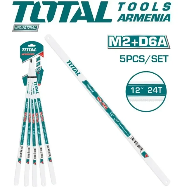 Total Tools TOTAL TOOLS 5Pcs Bi-Metal Hacksaw Blade Set 12"/300mm, 24TPI High-Speed Steel (M2+D6A) - THTKT58245