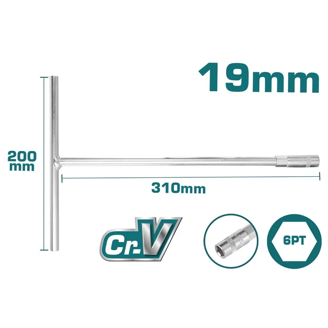 Total Tools TOTAL TOOLS T-Handle Socket Wrench 19mm, 200 x 310mm Length, Cr-V Steel, Chrome-Plated Finish - THTSW1906