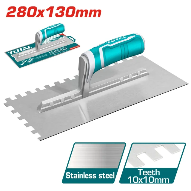 Total Tools TOTAL TOOLS Stainless Steel Notched Plastering Trowel 280mm x 130mm with 10x10mm Teeth and Plastic Handle - THTT81286