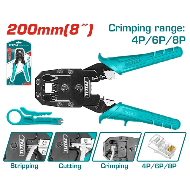 Total Tools TOTAL TOOLS 8" 3-in-1 Modular Plug Crimper for 4P, 6P, and 8P Network and Telephone Terminals with PVC Handle - TMPC4468P
