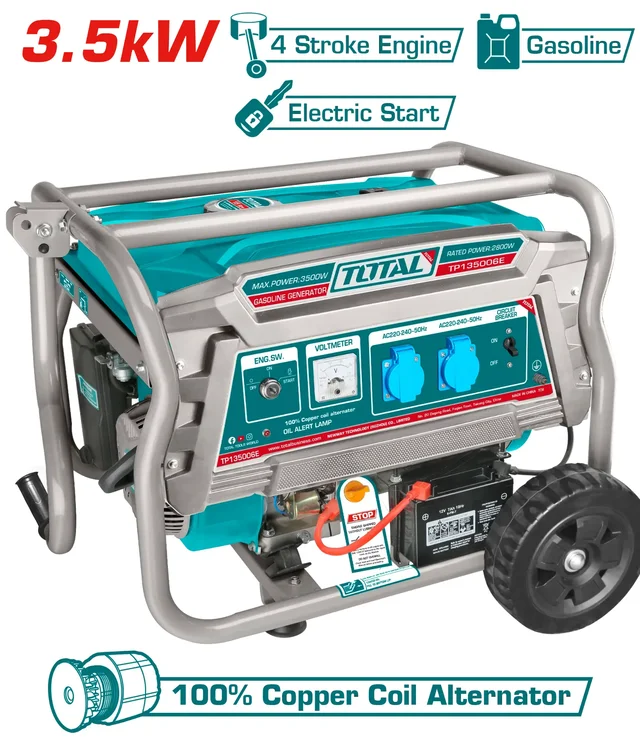 TOTAL TOOLS TP135006E Gasoline Generator 3.5kW Maximum Output, 2.8kW Rated Output, 208cc 4-Stroke OHV Engine, 15L Fuel Tank, Copper Coil Alternator, Electric and Recoil Start, 220�240V, 50Hz, Portable Petrol Generator with Wheels and Auxiliary Handle