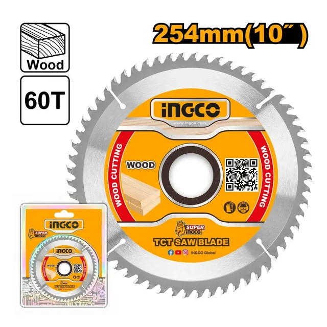 INGCO TSB125423 254mm 60T Mitre Saw Blade | 10 Inch | 30mm Arbor | 16mm & 25.4mm Reduction Rings | Wood Cutting