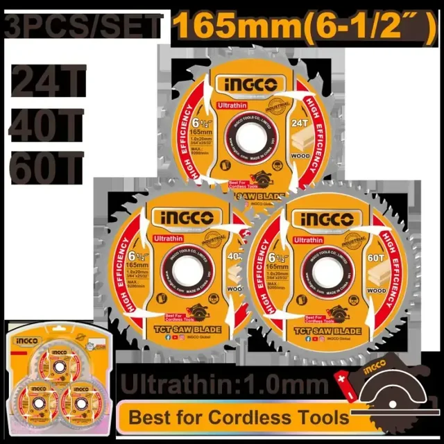 INGCO TSB16503 165mm 3-Piece Circular Saw Blade Set | 6-1/2 Inch | 24T 40T 60T | 20mm Arbor | Wood Cutting