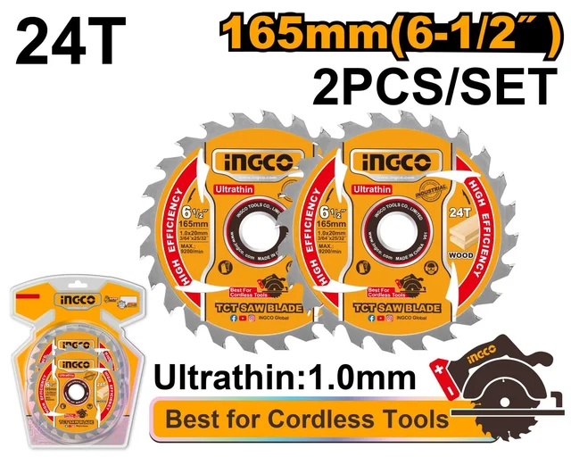 INGCO TSB1653 165mm 24T Circular Saw Blade Set | 6-1/2 Inch | 20mm Arbor | Wood Cutting | 2-Piece