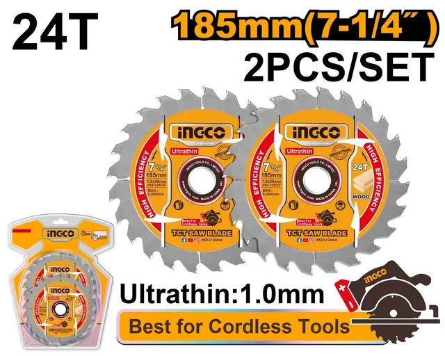 INGCO TSB1853 185mm 24T Circular Saw Blade Set | 7-1/4 Inch | 20mm Arbor | Lithium-Ion Saw Blade | 2-Piece