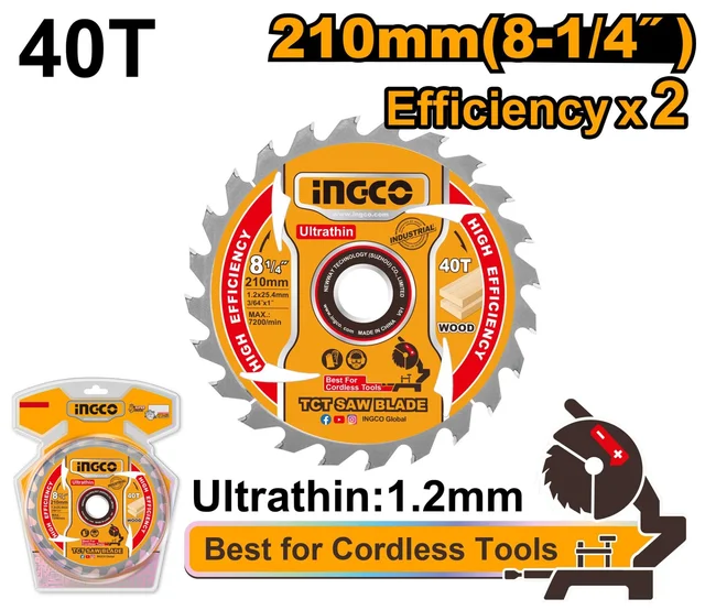 INGCO TSB2103 210mm 40T Circular Saw Blade | 8-1/4 Inch | 25.4mm Arbor | 16mm Reduction Ring | 1.2mm Thickness