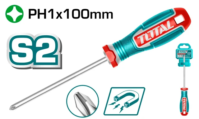 Total Tools TOTAL TOOLS Phillips Screwdriver PH1 Magnetic Tip, S2 Steel Round Shank, 5.0mm Diameter x 100mm Blade, Ergonomic Three-Color Handle - TSDPH1100