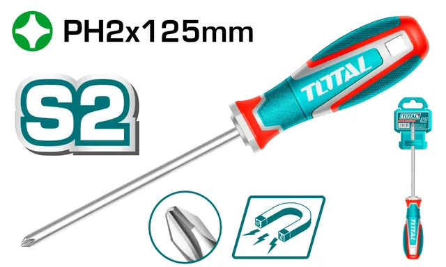 Total Tools TOTAL TOOLS Phillips Screwdriver PH2 Magnetic Tip, S2 Steel Round Shank, 6.0mm Diameter x 125mm Blade, Ergonomic Three-Color Handle - TSDPH2125