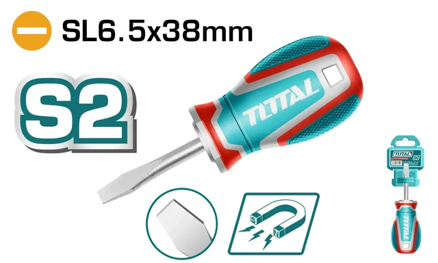 Total Tools TOTAL TOOLS Slotted Screwdriver SL6.5 Magnetic Tip, S2 Steel Round Shank, 6.0mm Diameter x 38mm Blade, Ergonomic Three-Color Handle -TSDSL6038