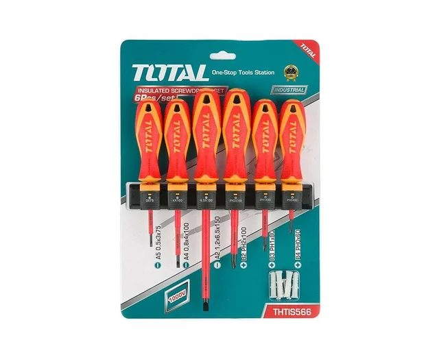 Total Tools P TOTAL TOOLS 6-Piece VDE 1000V Insulated Screwdriver Set (Slotted and Phillips) with New Design Handles, Round Shanks, and Aluminum Frame Storage - THTIS566