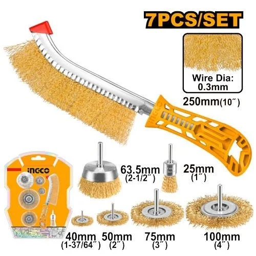 INGCO WB10071 7-Piece Wire Brush Set | 10" Hand Brush | 1-4" Wire Brushes | Cleaning, Deburring & Rust Removal