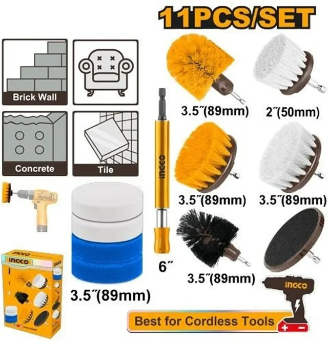 INGCO WCB1101 1/4" Hex Shank Drill Brush Set | 11-Piece Power Scrubber Cleaning Kit | Bristle Brushes, Scour Pads, Sponges & Extension Holder