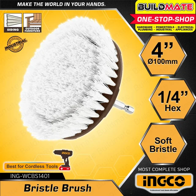 INGCO WCBH1401 4" Hard Bristle Drill Brush | 1/4" Hex Shank | Heavy-Duty Cleaning for Masonry, Concrete & Metal
