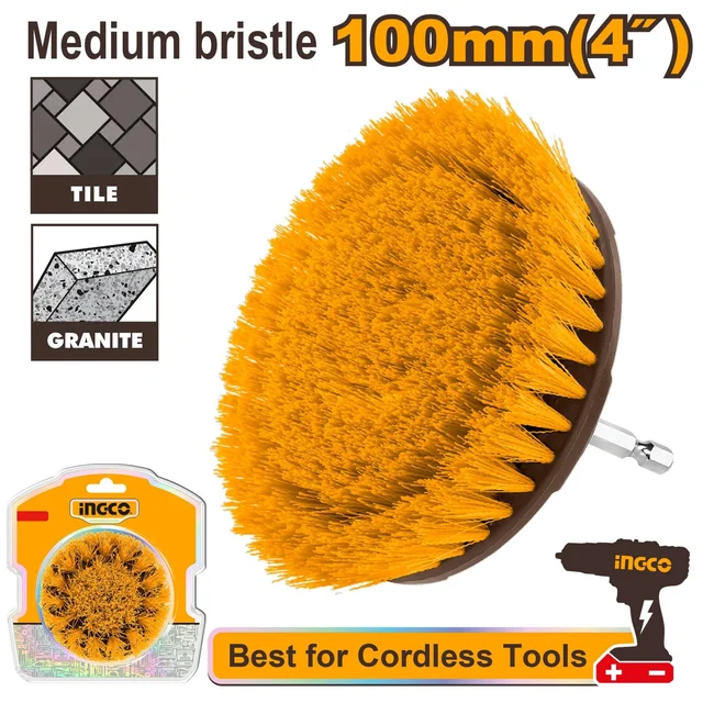 INGCO WCBM1041 4" Medium Bristle Drill Brush | 1/4" Hex Shank | Floor, Tile, Granite & Carpet Cleaning Brush