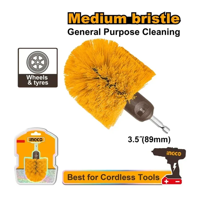 INGCO WCBM1360 360-Degree Medium Bristle Drill Brush | 1/4" Hex Shank | Floor, Tile & Carpet Cleaning