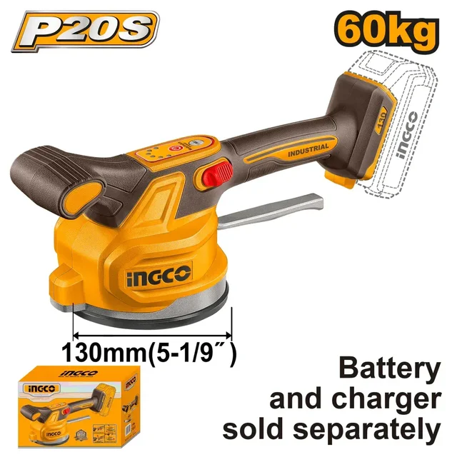 INGCO CTVLI2001 20V Cordless Concrete Vibrator | 10000 RPM Vibrational Frequency | 60kg Adsorbability | 130mm Suction Cup | Battery & Charger Sold Separately