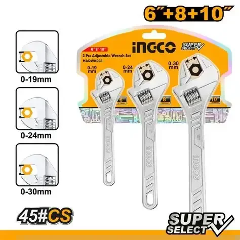 INGCO HADWK031 3-Piece Adjustable Wrench Set | 6, 8 & 10 Inch | Carbon Steel | Drop Forged | 0-30mm Jaw