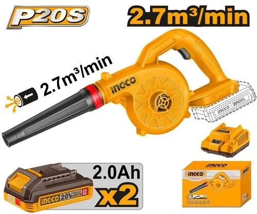 INGCO CABLI20782 20V Cordless Air Blower | 18000 RPM | 2.7m�/min Max Air Volume | 2 x 2.0Ah Batteries & Charger | Portable Electric Blower