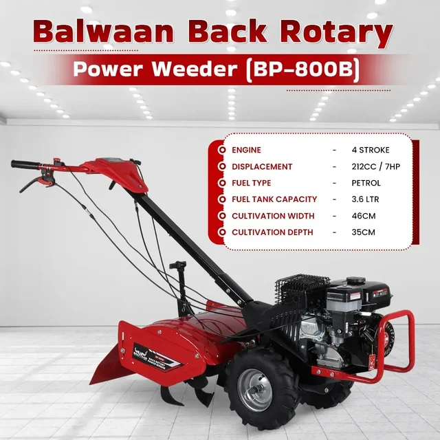 Balwaan Krishi Balwaan BP-800B Back Rotary 7HP 4-Stroke Petrol Power Weeder & Cultivator | Multi-Pulley Drive Technology (MPDT) Tiller with 12 Blades| MTAK-EN-PO-6032